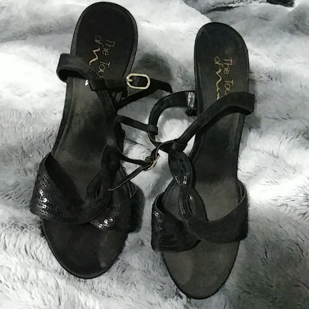 Black Sequin Open-Toe Heels